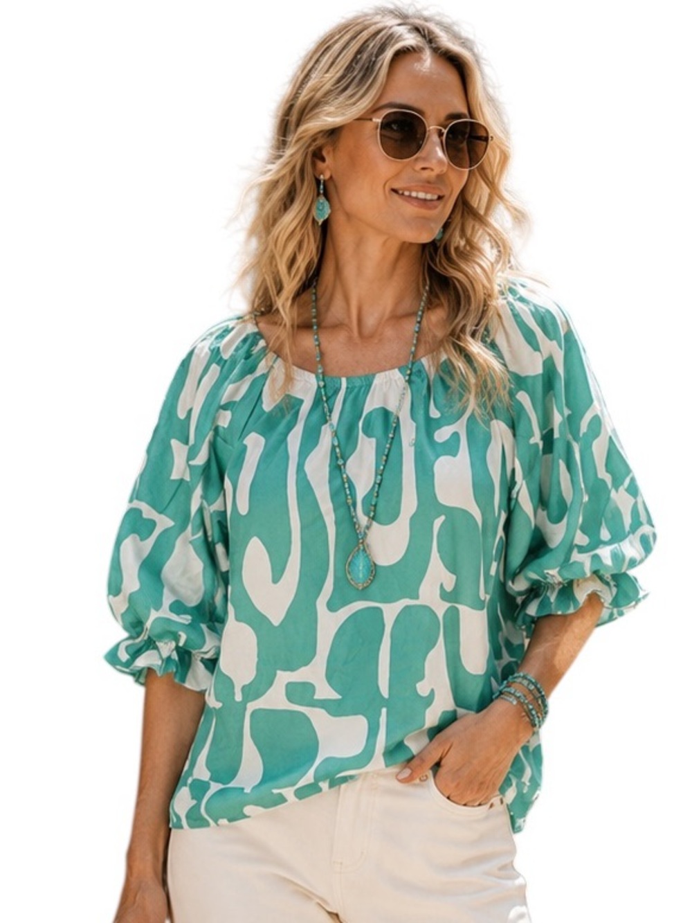 Umgee Teal and White Abstract Puff-Sleeve Blouse